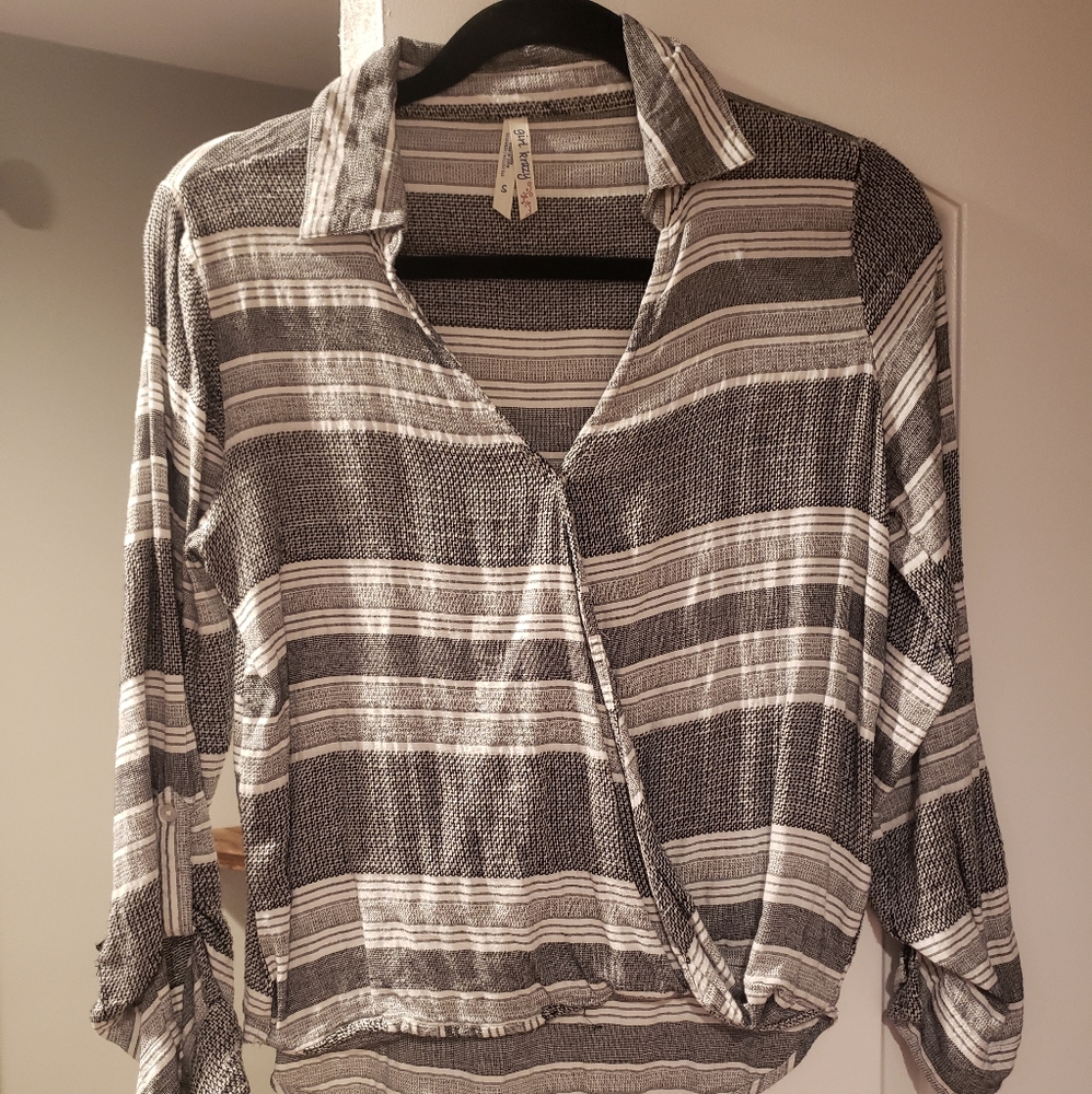 Gray & white striped 3/4 sleeve with collar shirt
